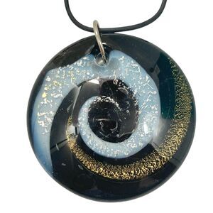 Vtg Murano Style Art Glass Pendant Necklace Black Cord 22" Black Copper White